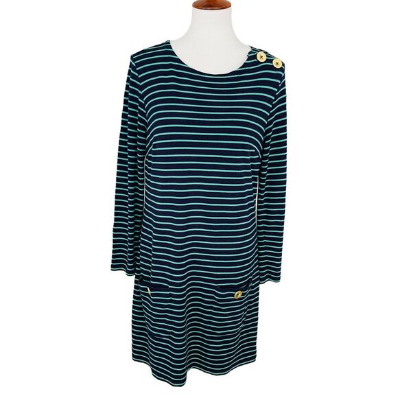 Sail To Sable Knit Shift Dress Navy Green Stripes Pockets Women’s Size Large - Picture 1 of 8
